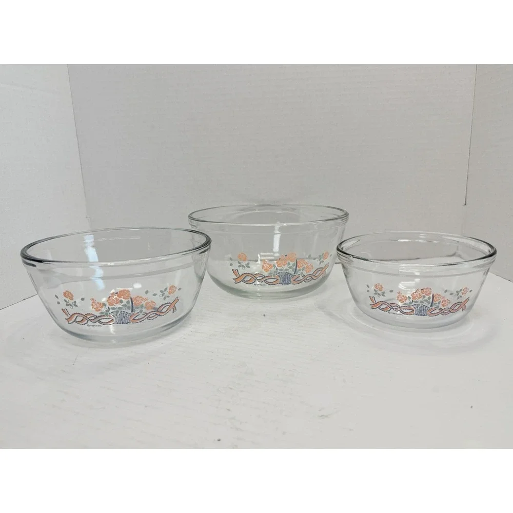 Vintage 1989 Anchor Hocking Rose Basket Nesting Mixing Bowls Set of 3
